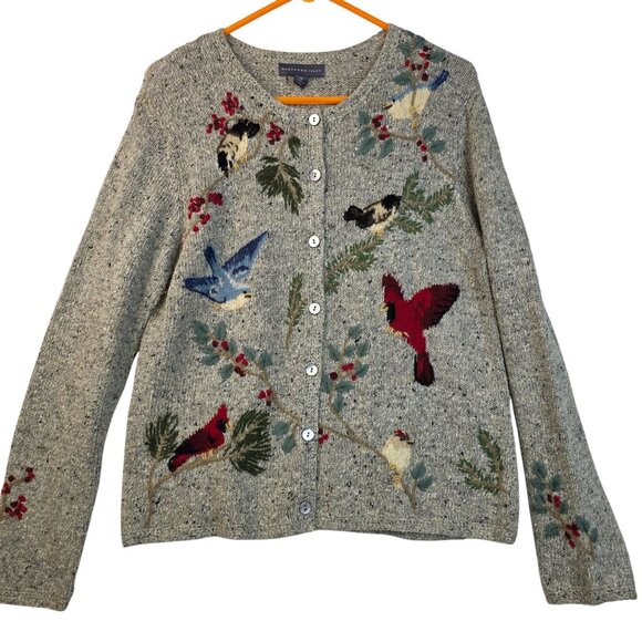 Vintage 90s Deadstock Silver Grey Bird Embroidered Button Cardigan Medium New - Picture 1 of 13